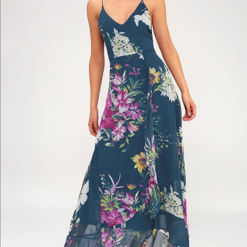 Lulu’s teal blue floral print dress